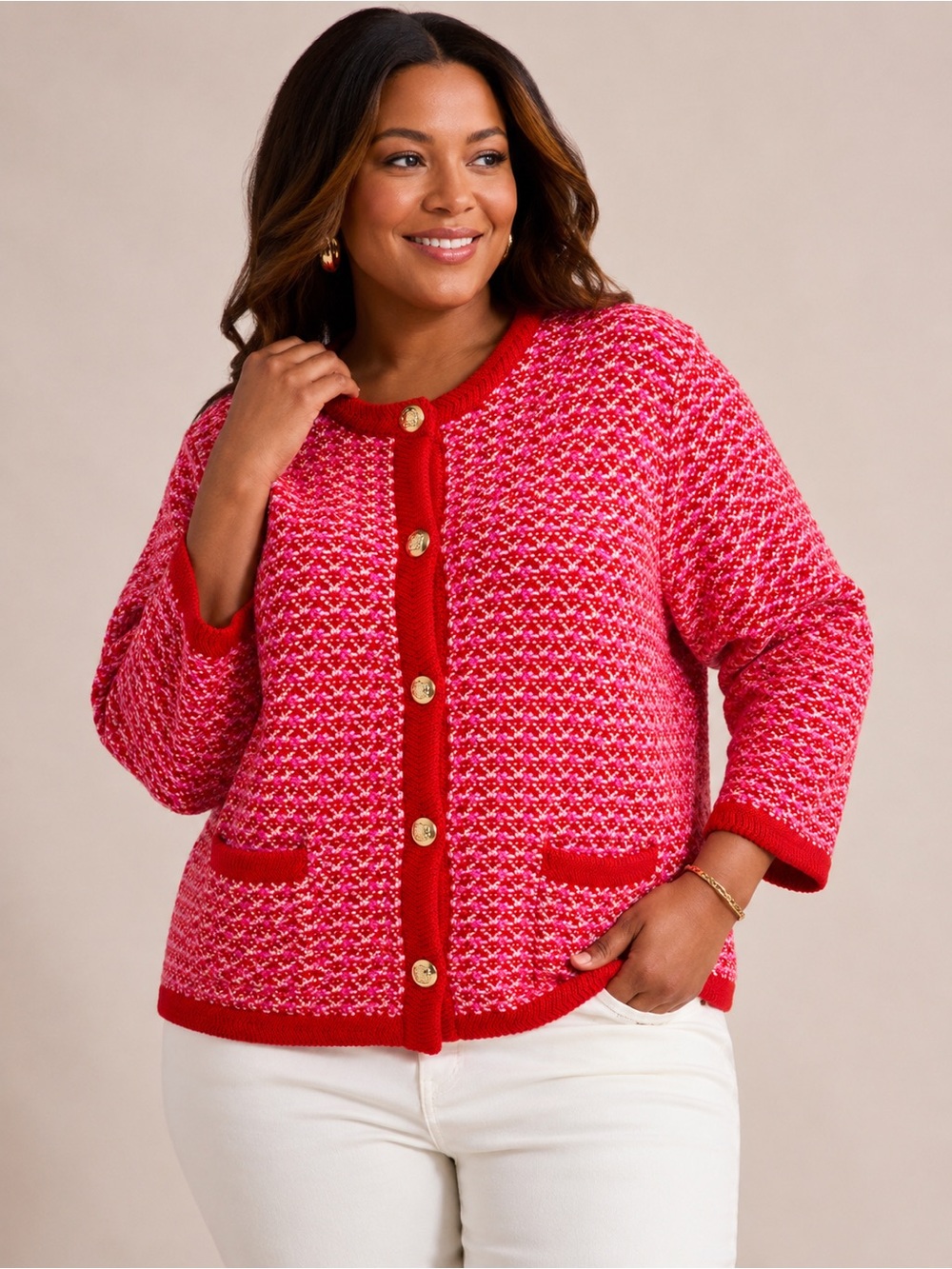 On 34th Plus 3X Sweet Berry Jacquard Cotton Cardigan Gold Buttons NWT